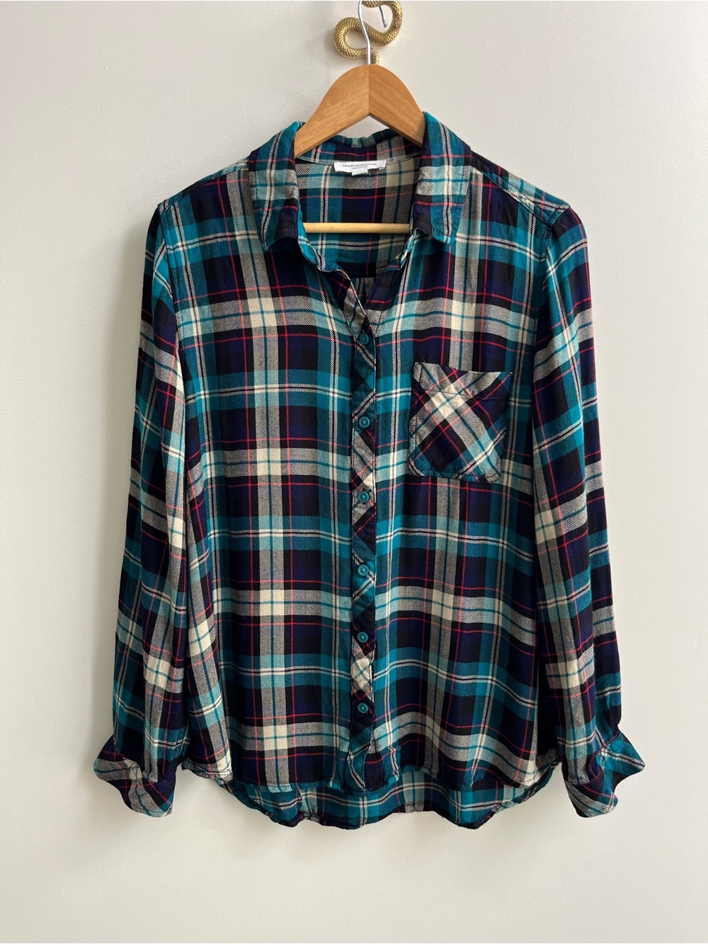 Beach Lunch Lounge Plaid Flannel Button Down Shirt Teal Blue Red L
